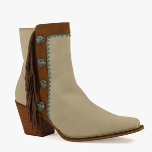 ARiIDER GIRL Gizelle Mid Calf Fringe Booties Stacked Heel Studded Western